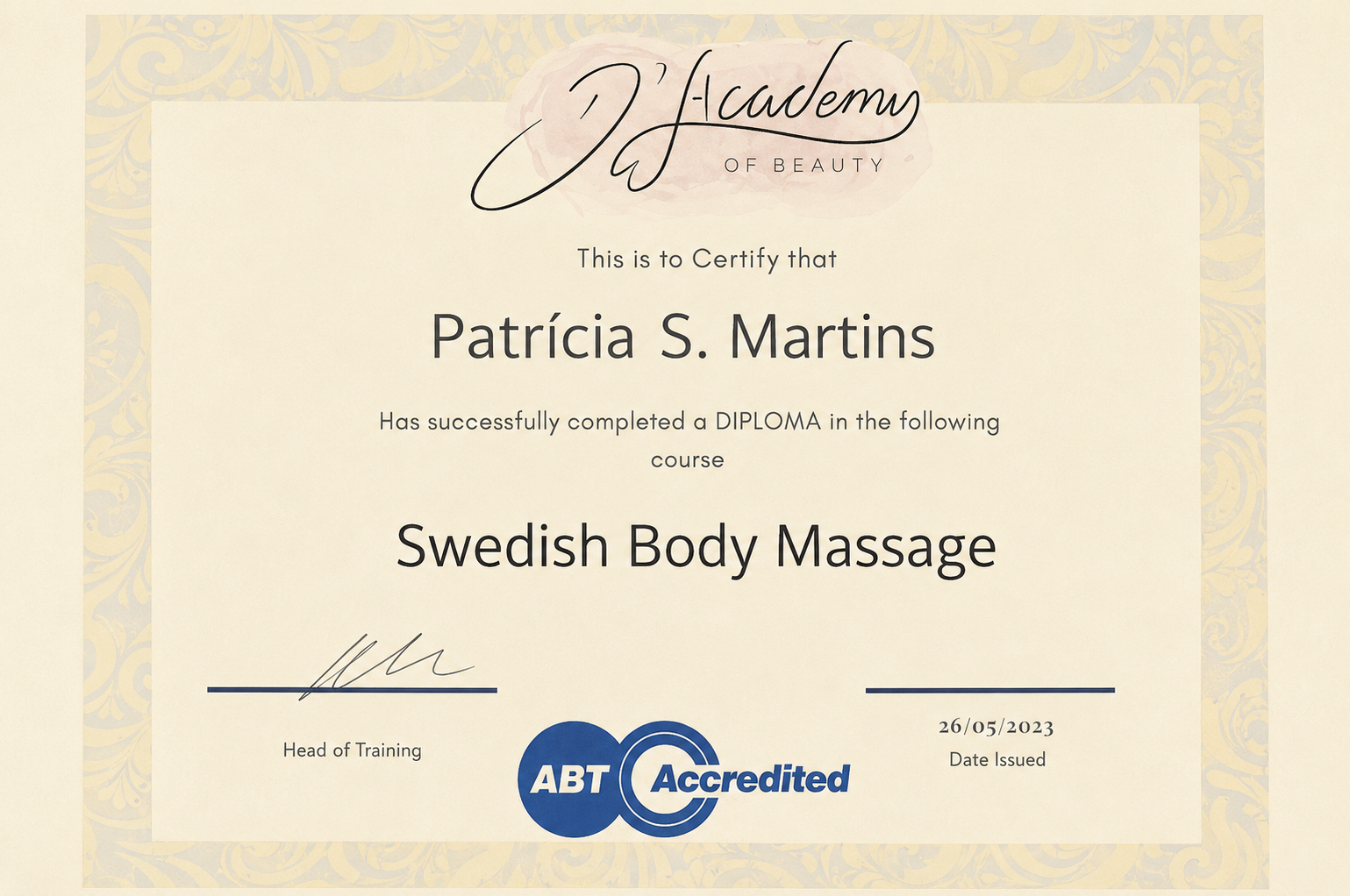Swedish Body Massage diploma awarded to Patrícia S. Martins